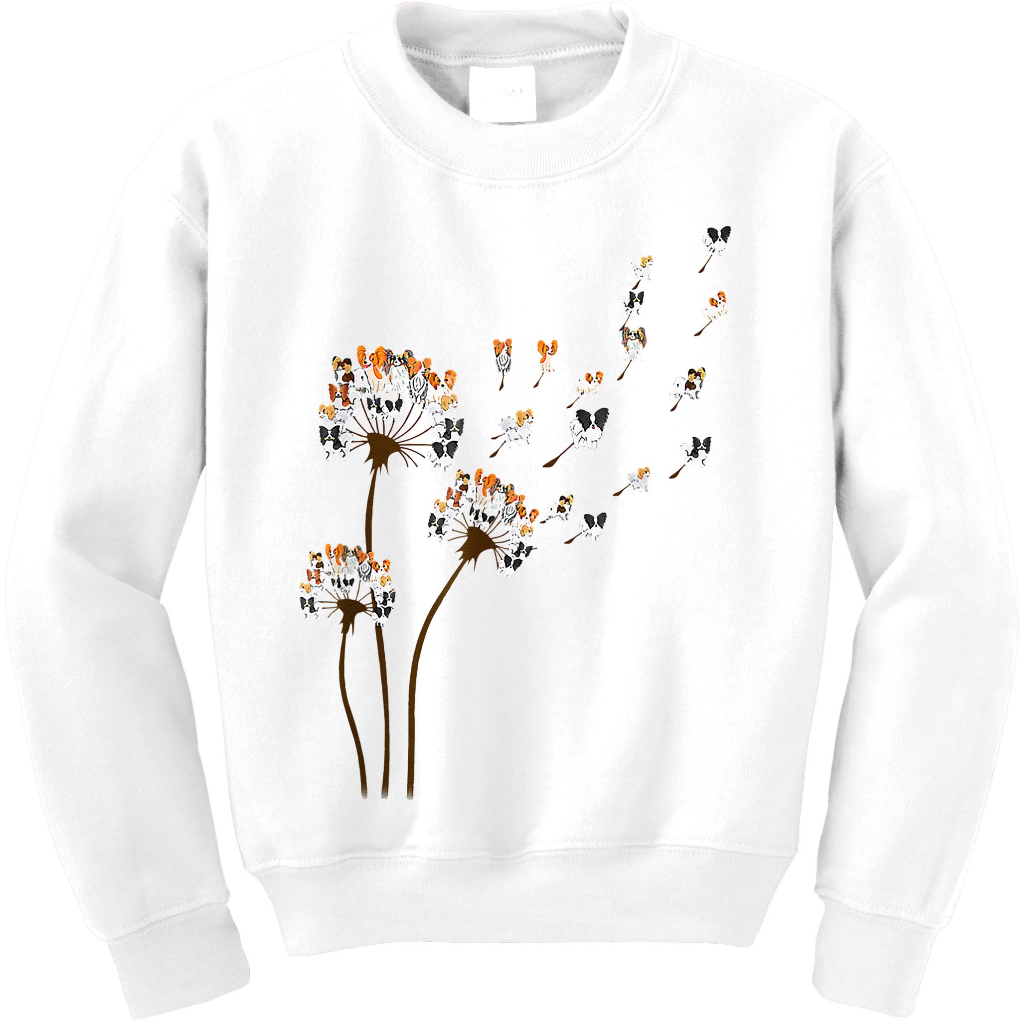 Papillon Dogs Flower Fly Dandelion Dog Mama Dog Lover Kids Sweatshirt