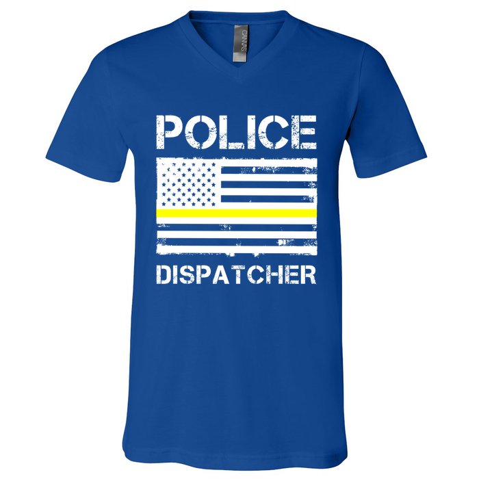 Police Dispatcher First Responder Thin Yellow Line Us Flag Gift V-Neck T-Shirt