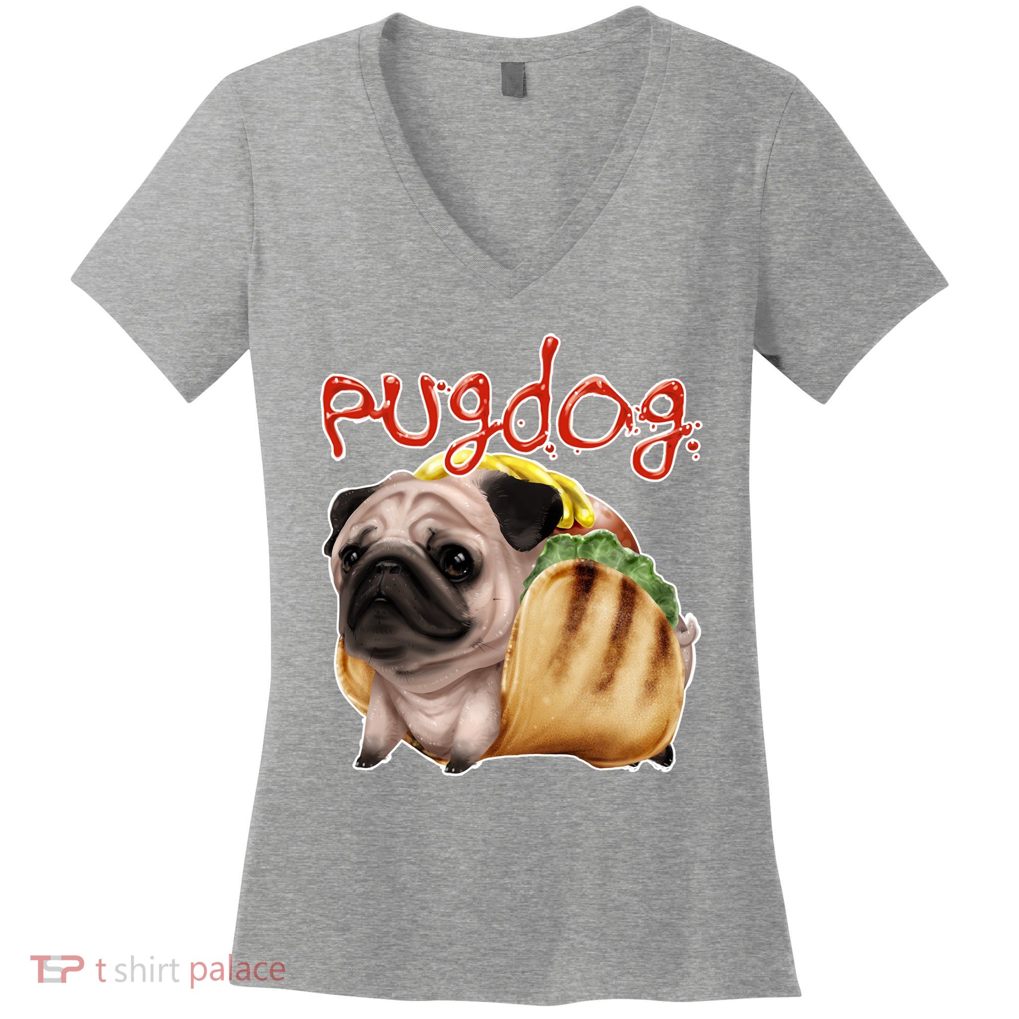 Pug Dog Funny Food Women's V-Neck T-Shirt