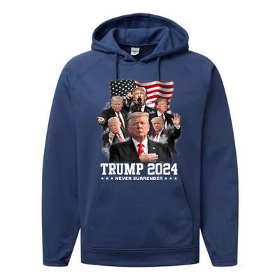 President Donald J Trump 2024 Never Surrender Performance Fleece Hoodie