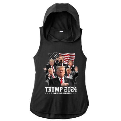 President Donald J Trump 2024 Never Surrender Ladies PosiCharge Tri-Blend Wicking Draft Hoodie Tank