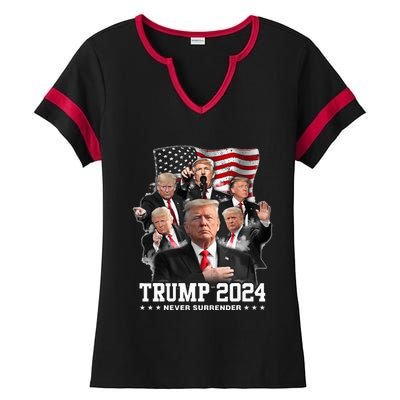 President Donald J Trump 2024 Never Surrender Ladies Halftime Notch Neck Tee