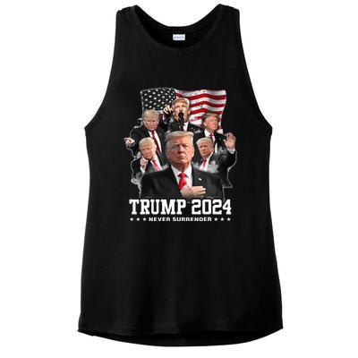 President Donald J Trump 2024 Never Surrender Ladies PosiCharge Tri-Blend Wicking Tank