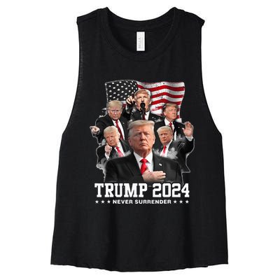 President Donald J Trump 2024 Never Surrender Women's Racerback Cropped Tank