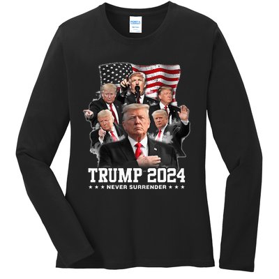 President Donald J Trump 2024 Never Surrender Ladies Long Sleeve Shirt