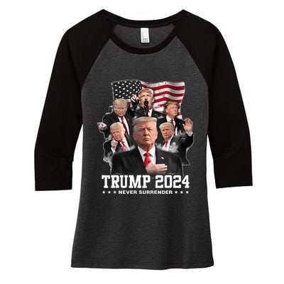 President Donald J Trump 2024 Never Surrender Women's Tri-Blend 3/4-Sleeve Raglan Shirt