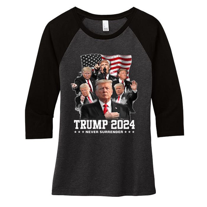 President Donald J Trump 2024 Never Surrender Women's Tri-Blend 3/4-Sleeve Raglan Shirt