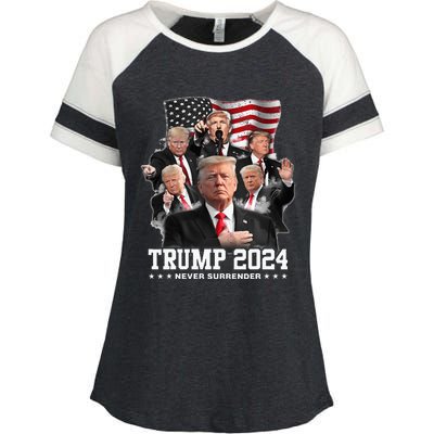 President Donald J Trump 2024 Never Surrender Enza Ladies Jersey Colorblock Tee