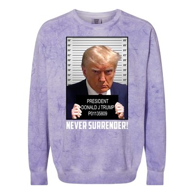 President Donald J Trump Mugshot Never Surrender Colorblast Crewneck Sweatshirt