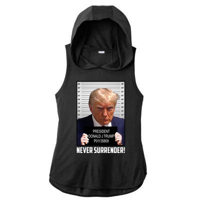 President Donald J Trump Mugshot Never Surrender Ladies PosiCharge Tri-Blend Wicking Draft Hoodie Tank