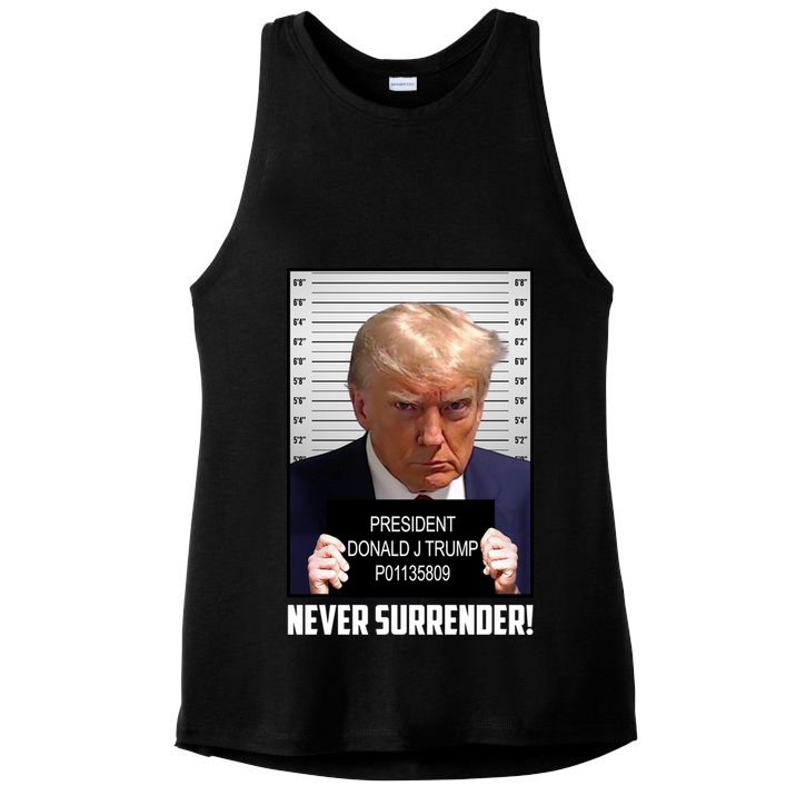President Donald J Trump Mugshot Never Surrender Ladies PosiCharge Tri-Blend Wicking Tank