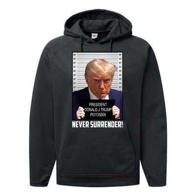 President Donald J Trump Mugshot Never Surrender Performance Fleece Hoodie