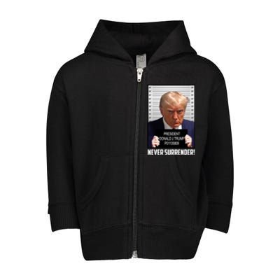 President Donald J Trump Mugshot Never Surrender Toddler Zip Fleece Hoodie