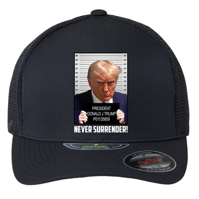 President Donald J Trump Mugshot Never Surrender Flexfit Unipanel Trucker Cap