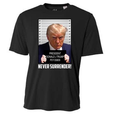 President Donald J Trump Mugshot Never Surrender Cooling Performance Crew T-Shirt