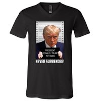 President Donald J Trump Mugshot Never Surrender V-Neck T-Shirt