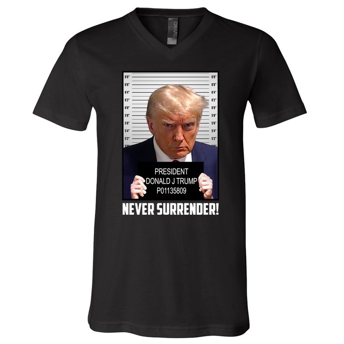 President Donald J Trump Mugshot Never Surrender V-Neck T-Shirt