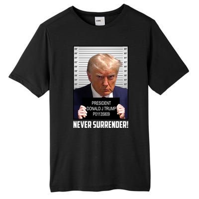 President Donald J Trump Mugshot Never Surrender Tall Fusion ChromaSoft Performance T-Shirt