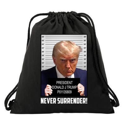 President Donald J Trump Mugshot Never Surrender Drawstring Bag