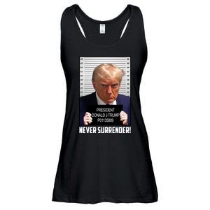 President Donald J Trump Mugshot Never Surrender Ladies Essential Flowy Tank