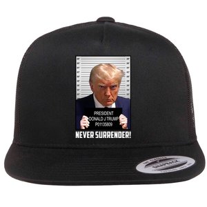 President Donald J Trump Mugshot Never Surrender Flat Bill Trucker Hat