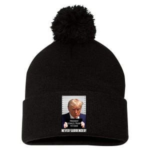 President Donald J Trump Mugshot Never Surrender Pom Pom 12in Knit Beanie