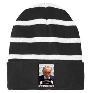 President Donald J Trump Mugshot Never Surrender Striped Beanie with Solid Band