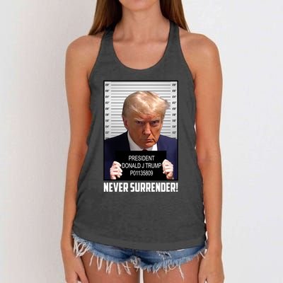 President Donald J Trump Mugshot Never Surrender Women's Knotted Racerback Tank