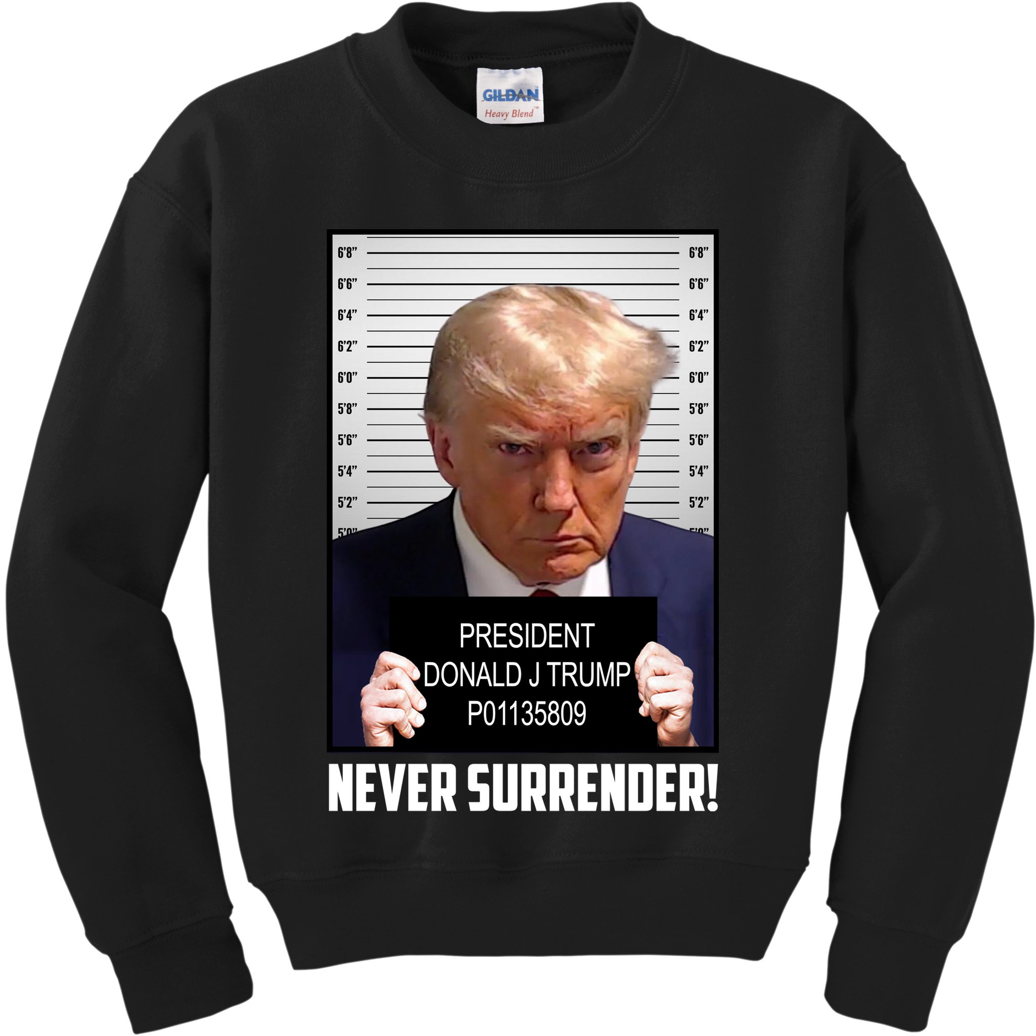 President Donald J Trump Mugshot Never Surrender Kids Sweatshirt