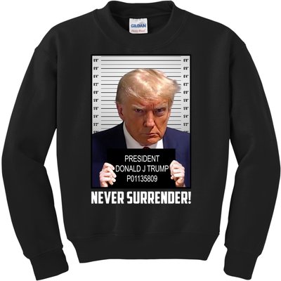 President Donald J Trump Mugshot Never Surrender Kids Sweatshirt