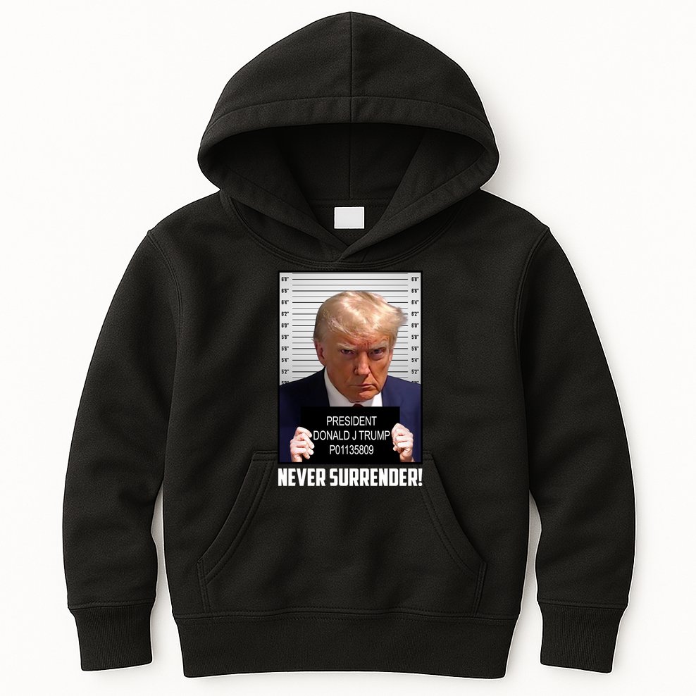 President Donald J Trump Mugshot Never Surrender Kids Hoodie