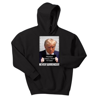 President Donald J Trump Mugshot Never Surrender Kids Hoodie