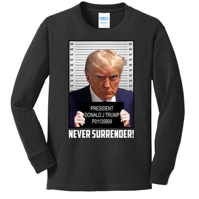 President Donald J Trump Mugshot Never Surrender Kids Long Sleeve Shirt