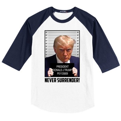 President Donald J Trump Mugshot Never Surrender Baseball Sleeve Shirt