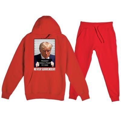 President Donald J Trump Mugshot Never Surrender Premium Hooded Sweatsuit Set