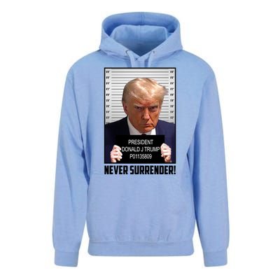 President Donald J Trump Mugshot Never Surrender Unisex Surf Hoodie