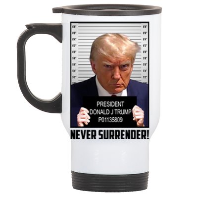 President Donald J Trump Mugshot Never Surrender Stainless Steel Travel Mug