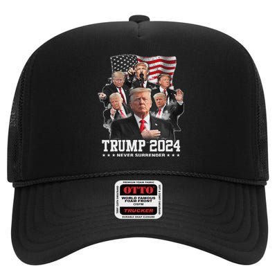 President Donald J Trump 2024 Never Surrender High Crown Mesh Back Trucker Hat