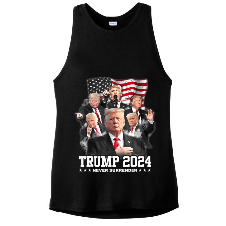 President Donald J Trump 2024 Never Surrender Ladies PosiCharge Tri-Blend Wicking Tank