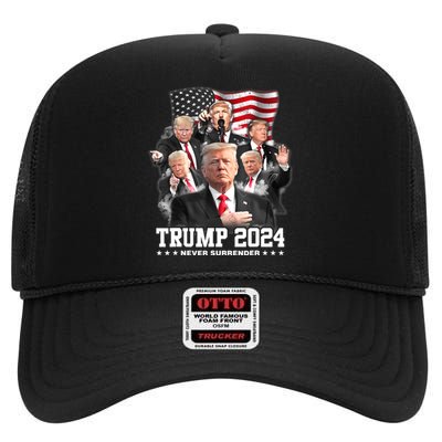 President Donald J Trump 2024 Never Surrender High Crown Mesh Back Trucker Hat