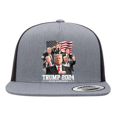 President Donald J Trump 2024 Never Surrender Flat Bill Trucker Hat