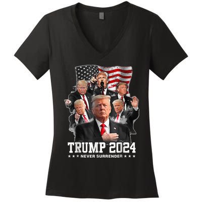 President Donald J Trump 2024 Never Surrender Women's V-Neck T-Shirt