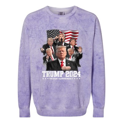 President Donald J Trump 2024 Never Surrender Colorblast Crewneck Sweatshirt