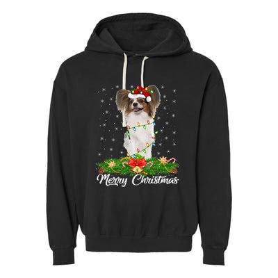 Papillon Dog Lover Matching Santa Hat Papillon Christmas Long Sleeve Garment-Dyed Fleece Hoodie