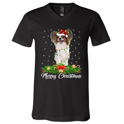 Papillon Dog Lover Matching Santa Hat Papillon Christmas Long Sleeve V-Neck T-Shirt