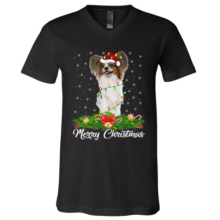 Papillon Dog Lover Matching Santa Hat Papillon Christmas Long Sleeve V-Neck T-Shirt