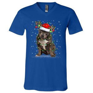 Pitbull Dog Lover Xmas Holiday Light Santa Pitbull Christmas Gift V-Neck T-Shirt