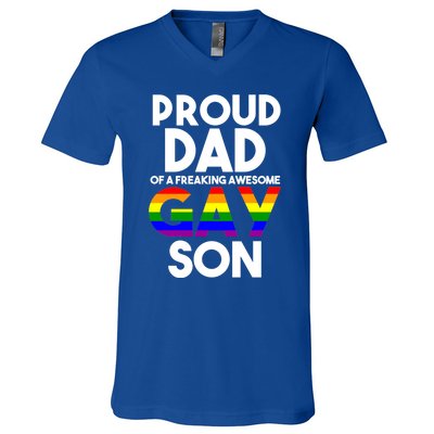 Proud Dad Lgbtq Ally Gift Free Dad Hugs Pride Gay Son Funny Gift V-Neck T-Shirt