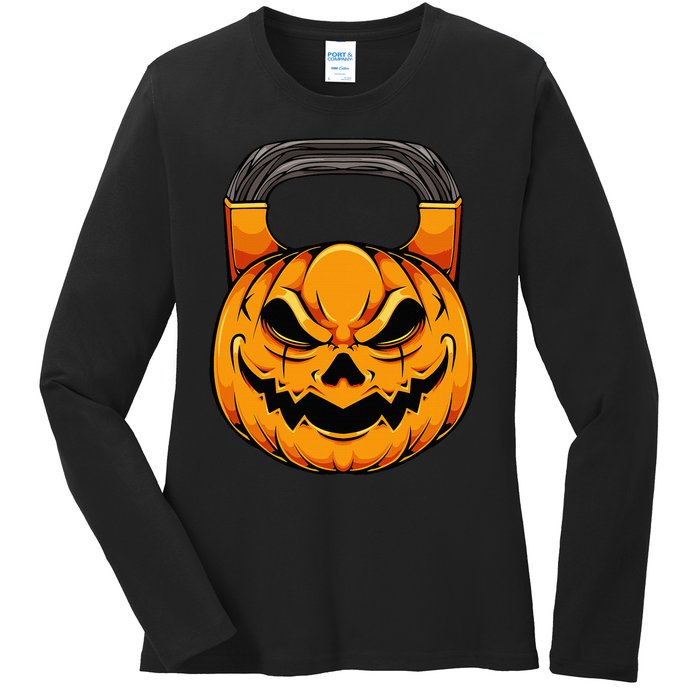 Pumpkin Dumbbell Lazy Halloween Costume Workout Gym Lover Ladies Long Sleeve Shirt