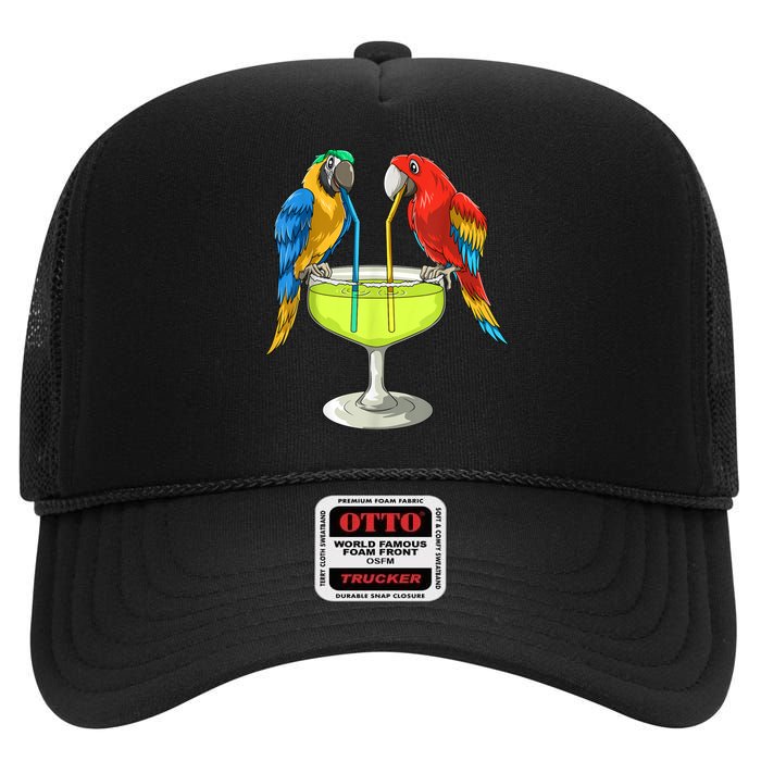 Parrots Drinking Margarita Hawaiian Vacation Beach Party High Crown Mesh Back Trucker Hat